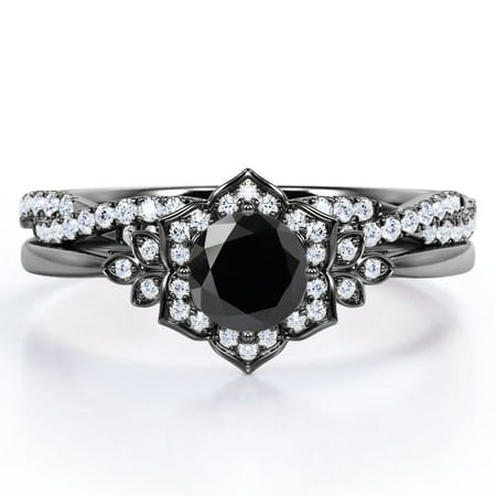 JeenMata Flower Halo Bezel 1.5 Carat Round Cut Lab Grown Black Diamond and Moissanite Infinity Twisted Band Wedding Ring Set in 18K Black Gold Plating over Silver