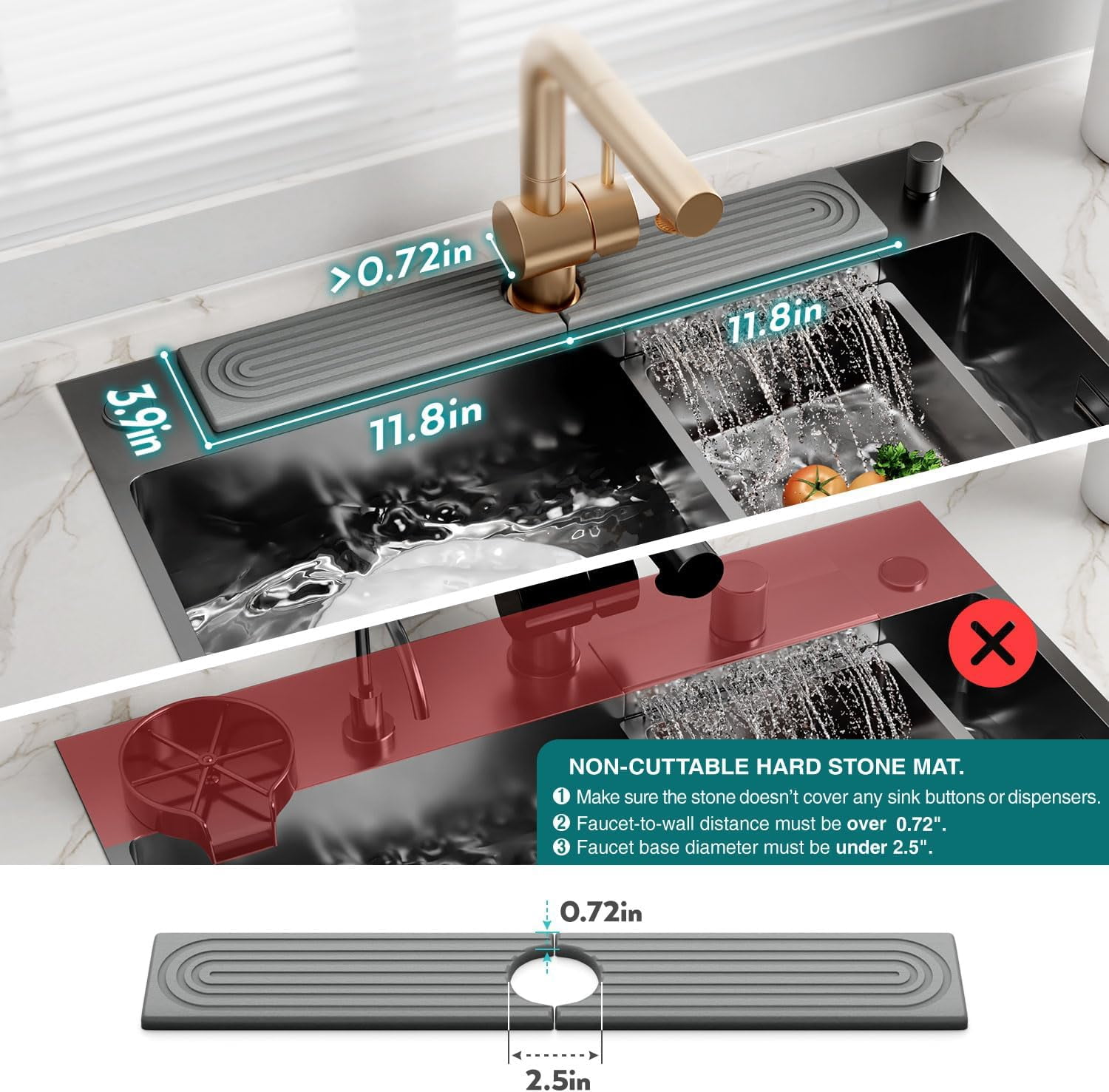 Kitchen Faucet Absorbent Mat - Diatomaceous Earth Splash Guard for Sink Faucet, Aesthetic Water Absorbing Stone Tray in The Modern Home [Grey, 23.6" x 3.9"]