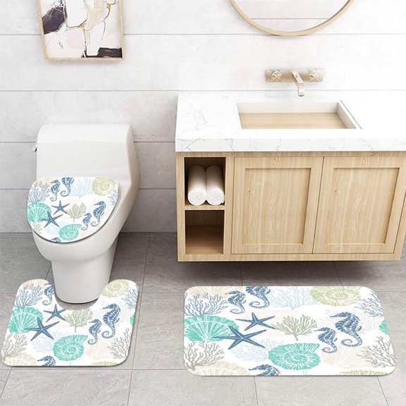 Nautical Coastal Bathroom Rugs Sets 3 Piece, Starfish Coral Seahorse Conch Bathroom Mat Set, Tropical Marine Animal Contour Mat and Toilet Lid Cover Non-slip Decor Durable Shower Accessories