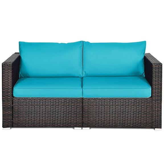 Costway 2PCS Patio Rattan Corner Sofa Sectional Furniture Blue Cushion