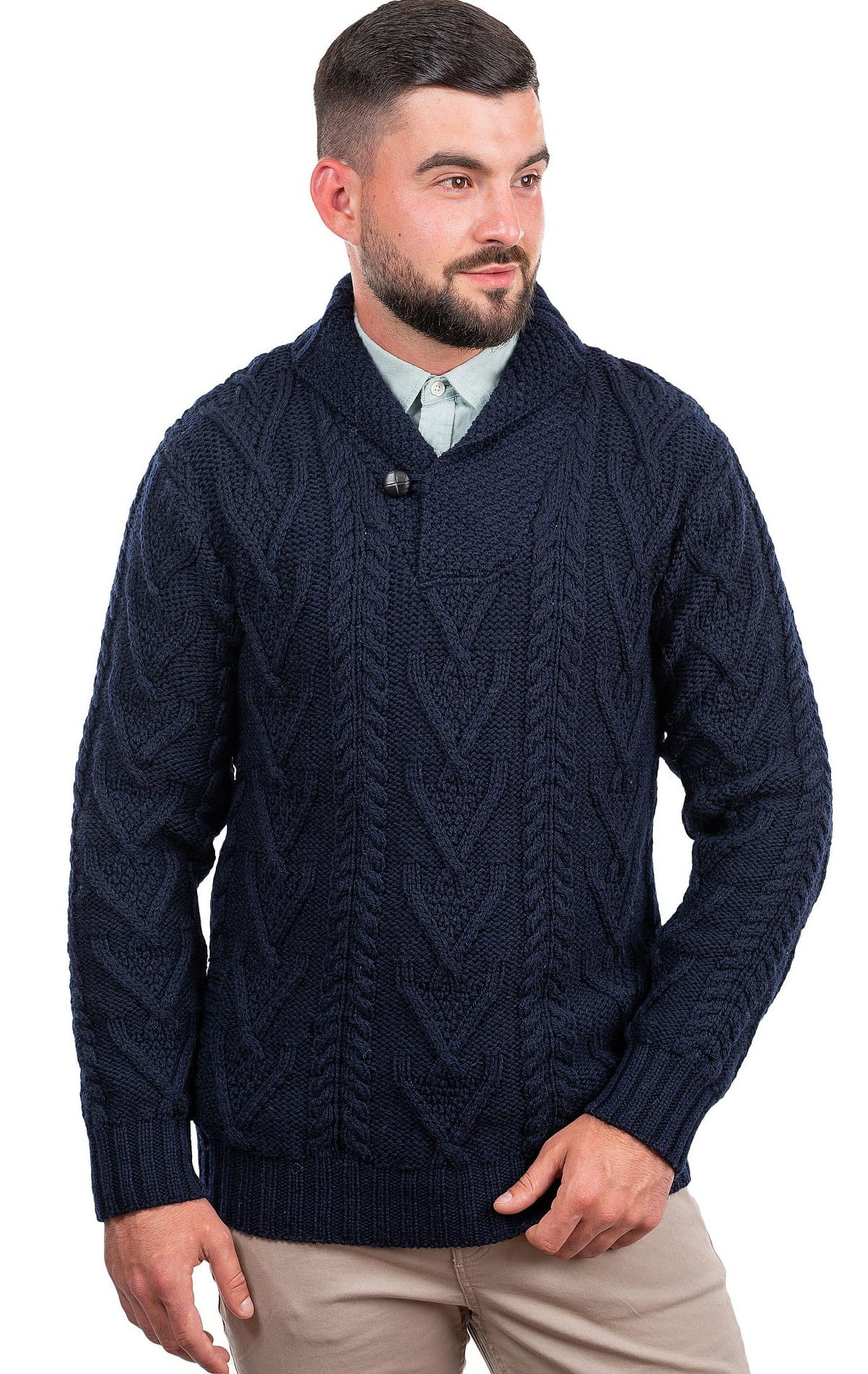 SAOL 100% Merino Wool Mens Aran Cable Knit Shawl Collar Casual Irish Cardigan with Buttons and Pockets 