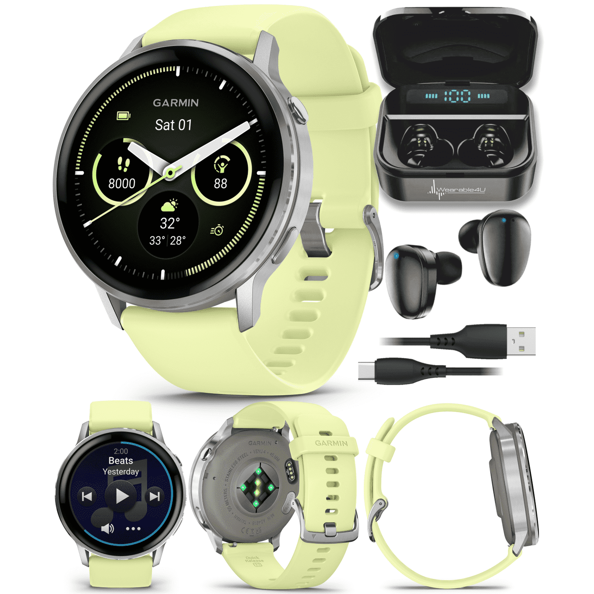 Garmin Venu 4 - 45mm AMOLED Advanced Health & Fitness GPS Smartwatch, Bright & Colorful Display, Flashlight, Up to 12 Days, Silver with Citron Silicone Band w/Wearable4U Black EarBuds Bundle