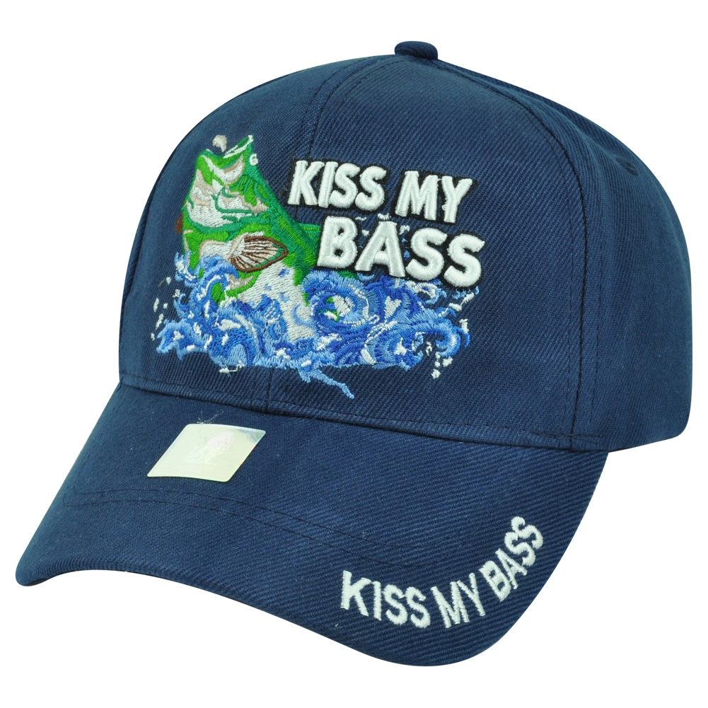 Kiss My Bass Fishing Fish Outdoors Sport Navy Blue Hat Cap Camping Camp