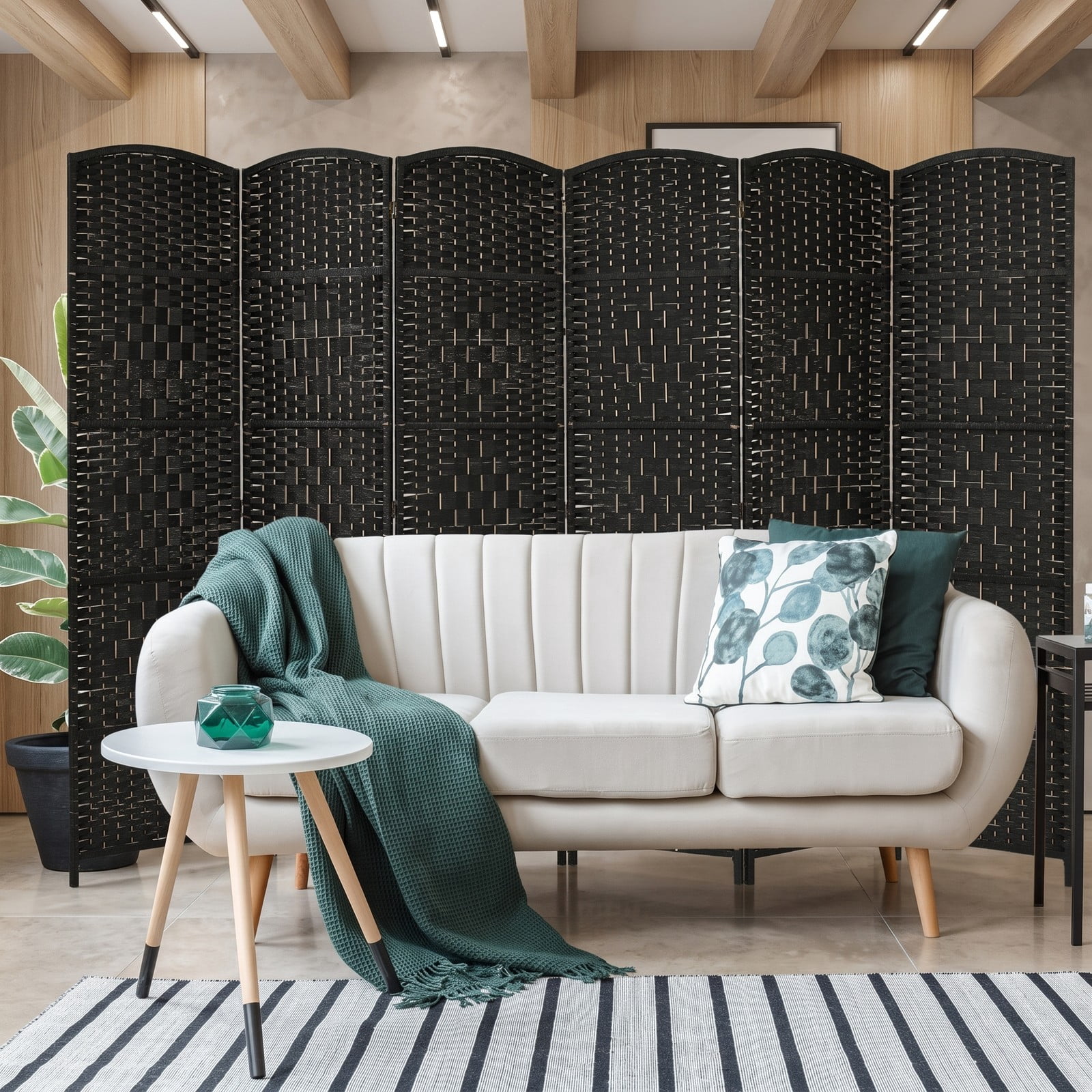 ALPULON 6.5Ft 6-Panel Handwoven Fiber Folding Room Divider Screen, Freestanding Privacy Partition with Sturdy Poplar Frame for Living Room Bedroom Office Home, Black