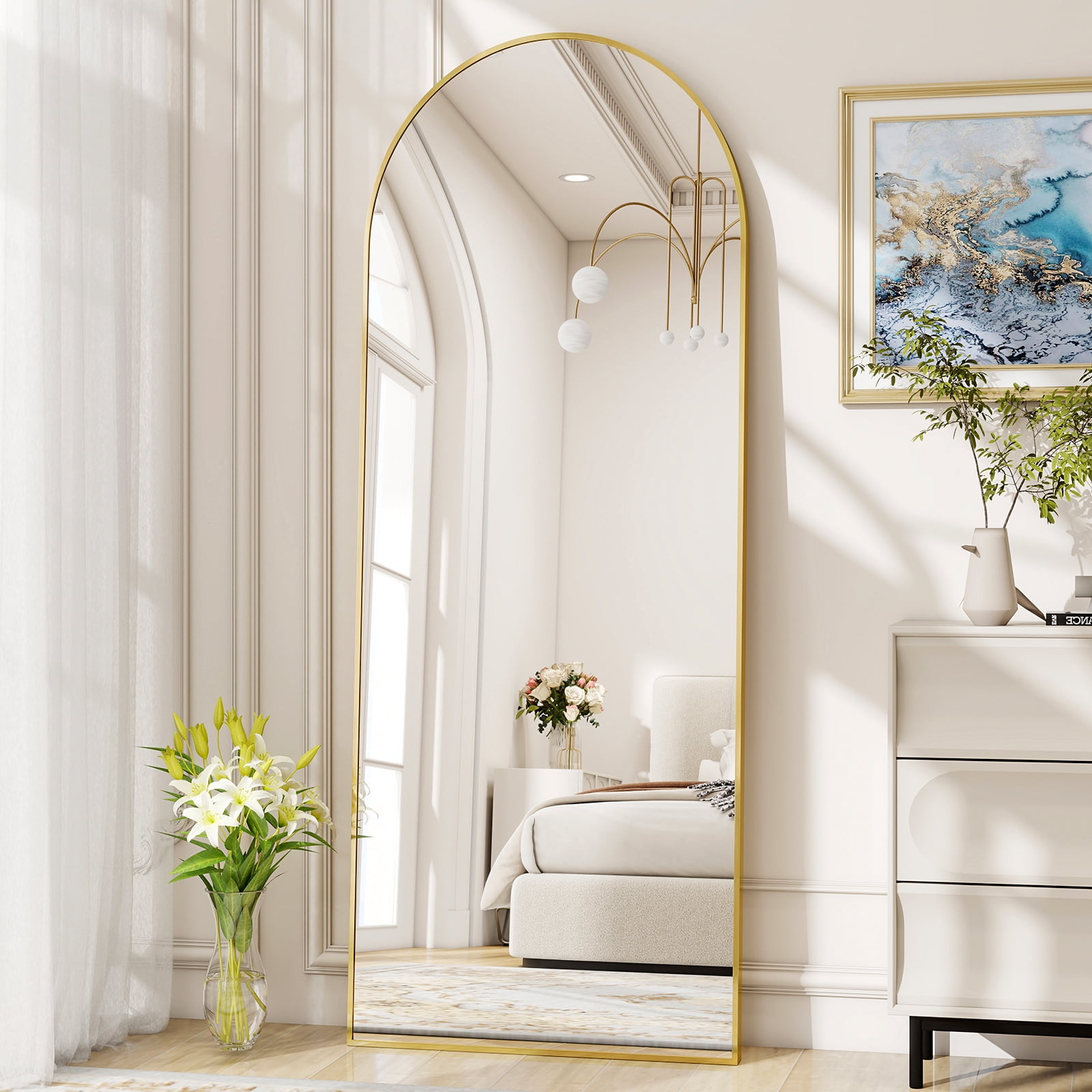 AUROMIR 56"x21" Arched Full Length Mirror Floor Mirror Full Body Standing Mirror, Gold
