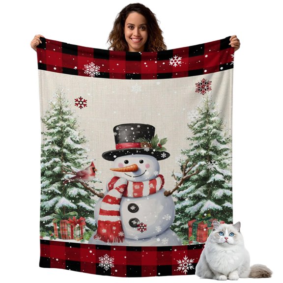 Throw Blanket for Couch, Vintage Christmas Tree Soft Cozy Warm Flannel Blanket 30x40in, Winter Snowman on Linen Lightweight Fleece Throw Blankets for Sofa Bedroom Office All Season Use