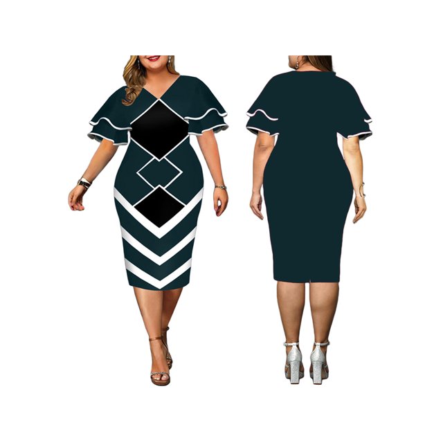 TRKIYQC Vestido ajustado para mujer, cuello en V, doble capa, manga corta con volantes, cremallera trasera, falda de una pieza TRKIYQC Vida cotidiana