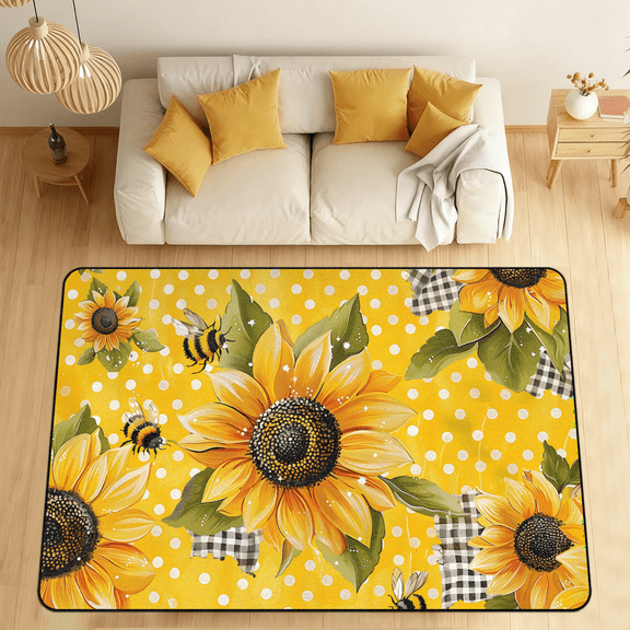 CURLYOOT Sunflower Yellow Bee Cutes Area Rugs for Living Room Bedroom, 4' 10" x 6' 8" Washable Rug, Floor Carpet with Non Slip Backing for Dining Room Indoor