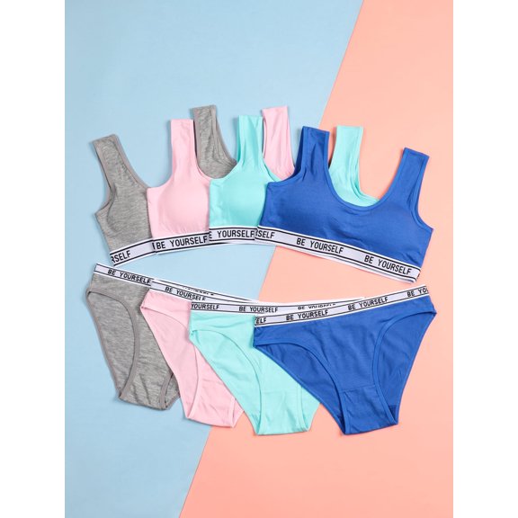 4 Sets Multi-color Basic Underwear Teen Girl Training Bra and Panty Cotton Soft with Remover Pads