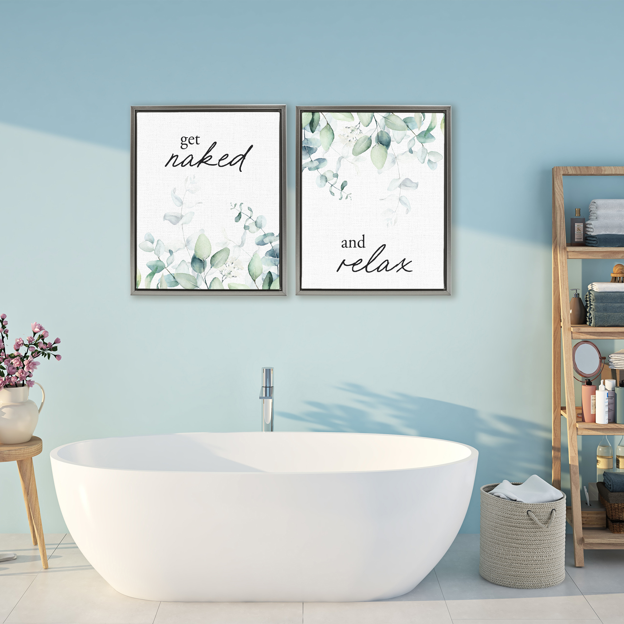 Get Naked & Relax Herbs 2 Piece Gray Framed Floater Canvas Set, design by Lettered and Lined