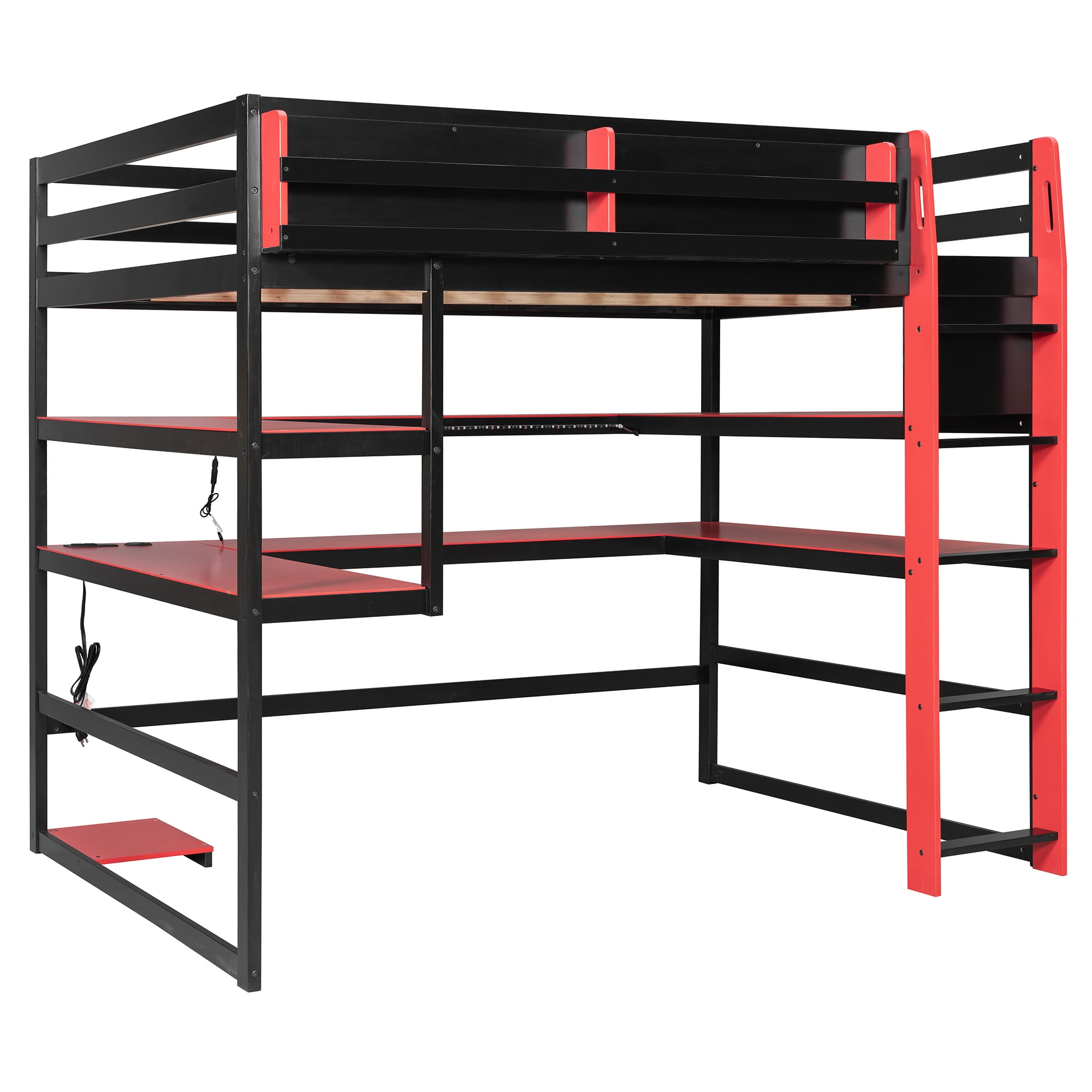 Mintazer Full Size Gaming Loft Bed with U-Shaped Desk & LED Lights, Modern Bed Frame with Shelves & Charging Station for Dorm Bedroom Apartment, Black & Red