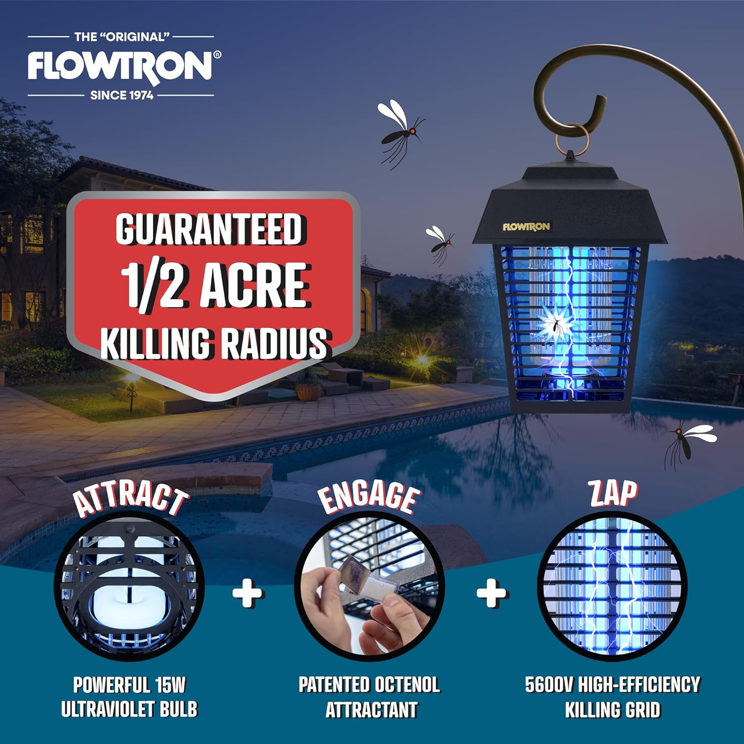 Flowtron Electric Bug Zapper, 15W UV, 5600V Shock Grid, Black photo 3