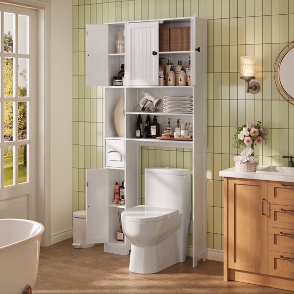 Noelse 71"H Over The Toilet Storage Cabinet, Reversible Left/Right Installation, 9 Shelves 5 Barn Doors, Adjustable Shelves & Toilet Paper Holder, White