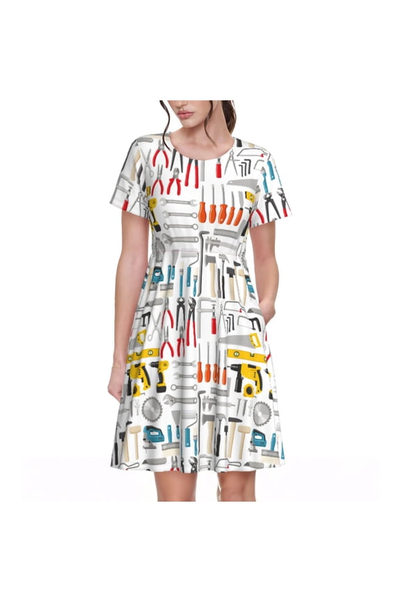 Construction tools Print Womens Summer A-Line Dress with Pockets,Short Sleeve Dresses,Flowy Beach Swing Dress for Vacation Travel