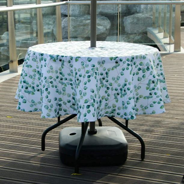 Eucalyptus Leaf Outdoor Tablecloth With, Patio Table Runner With Umbrella Hole