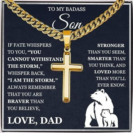 To My Son - Artisan Cross with Cuban Link Chain, Meaningful Gift for Birthday, Inspire Him with Faith and Love Jewelry Message Card, Gift from Dad