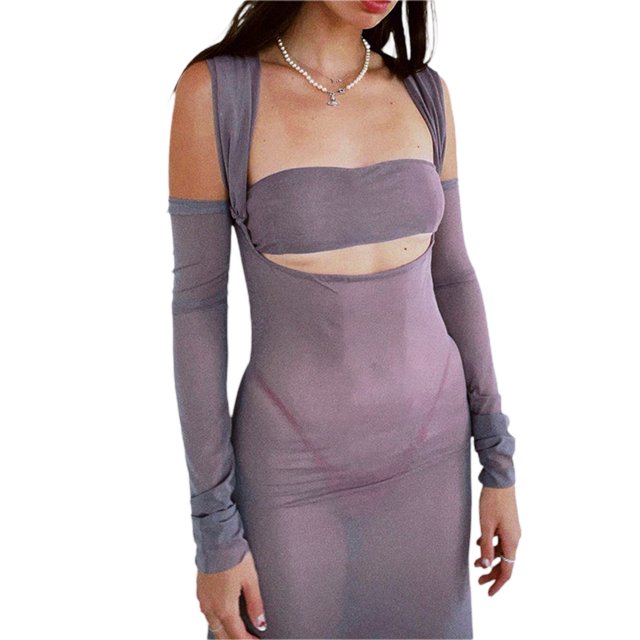VISgogo Vestido de mujer, correa de malla transparente de color sólido de cintura alta vestidos ajustados + un par de mangas VISgogo moda