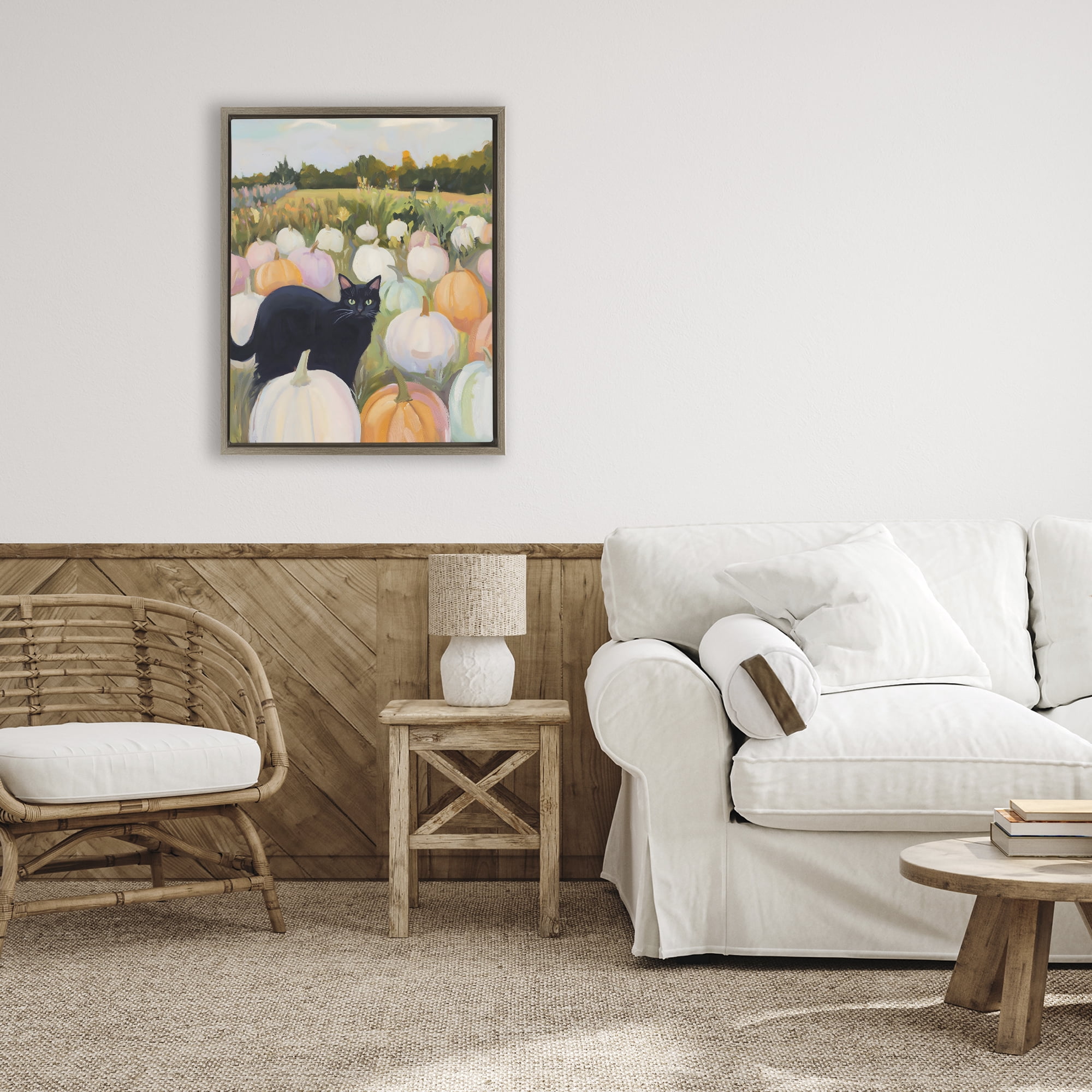 Stupell Industries Kitten & Pumpkins in Field Brown Framed Floater Canvas Wall Art, design by The Prints Vibe