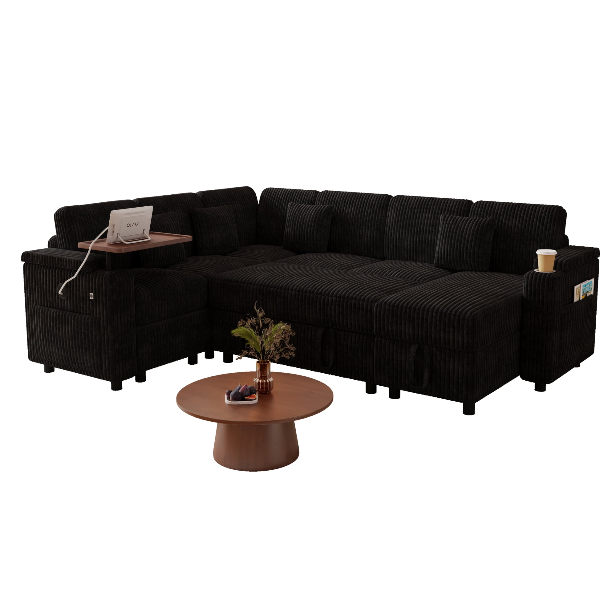 100" U-Shaped Sectional Sofa with Pull Out Bed, Storage Chaise and USB Port, Convertible Sleeper Sofa Bed Modular Sofa Couch with Laptop Table & Cup Holder for Living Room