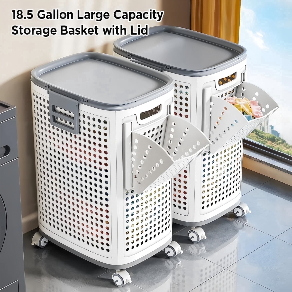 Joybos Wheeled Hamper, Plastic Laundry Hamper with Handle and Wheels for Easy Transport, White