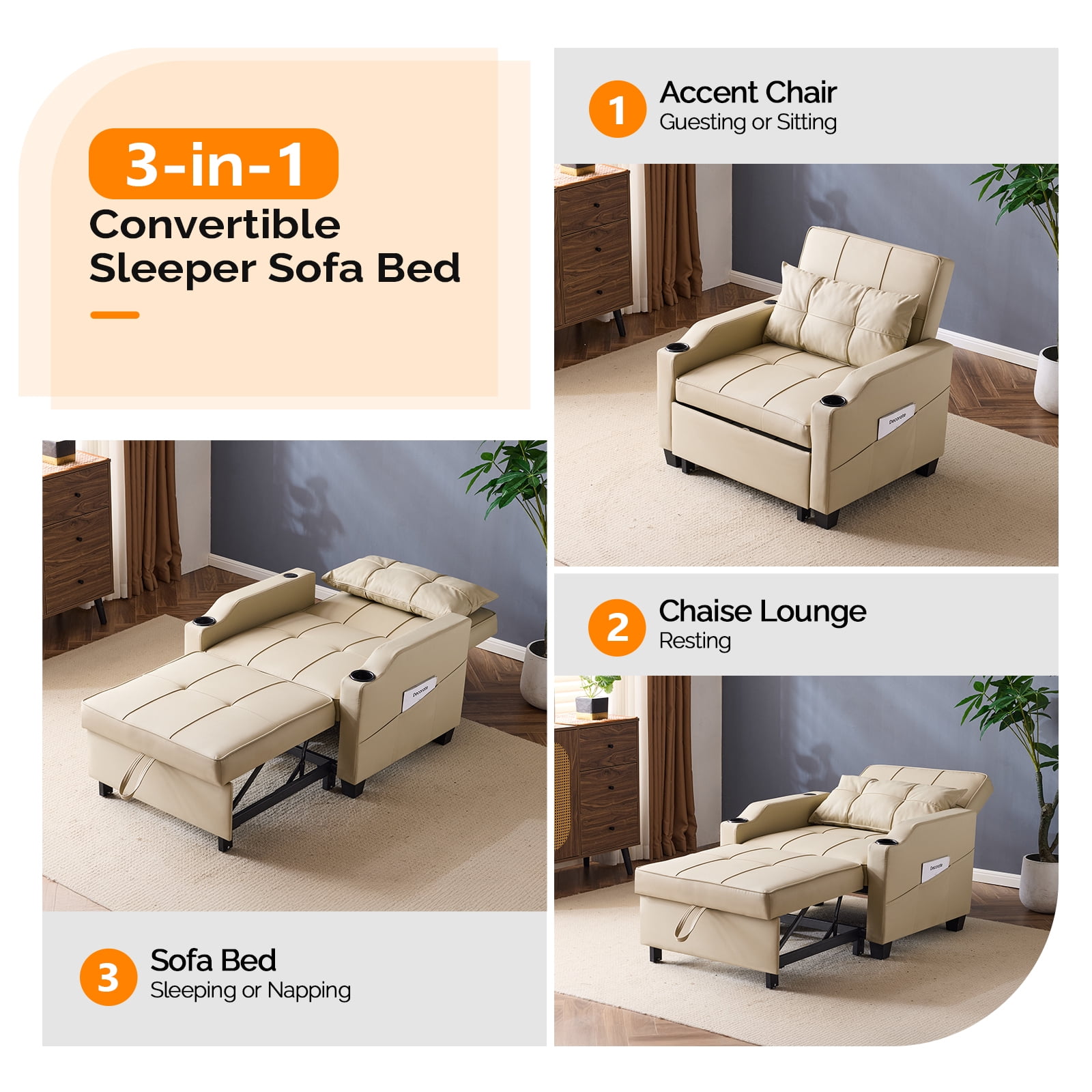 Ktaxon Sleeper Sofa Bed Convertible Chair Faux Leather 3-in-1 Futon Sofa with Lumbar Pillow for Living Room Bedroom Office Apartment Furniture Beige
