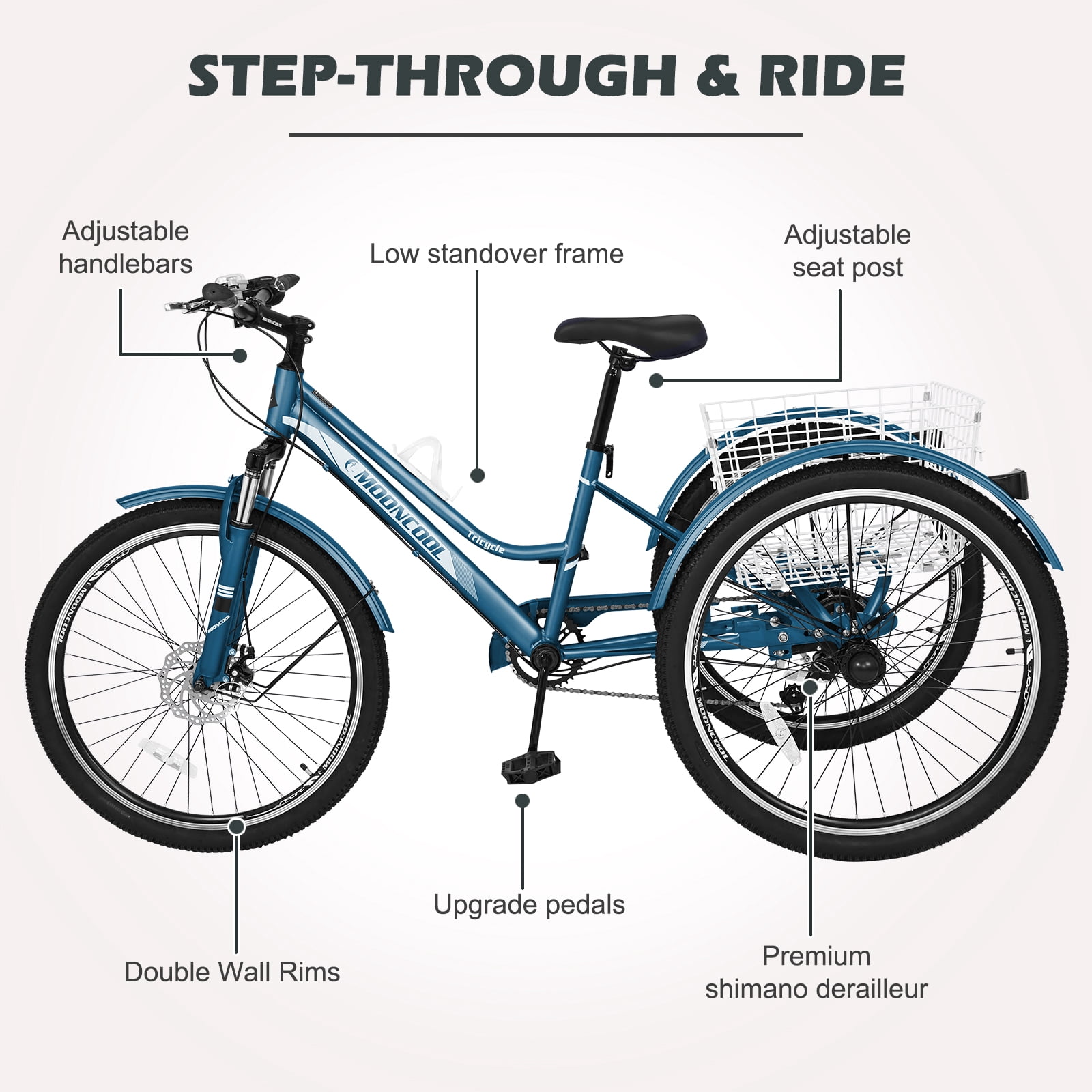 MOPHOTO 26" Adult Mountain Tricycle 7 Speed MTB, Cruiser Trike with Rear Basket, Exercise Men's Women's Tricycles