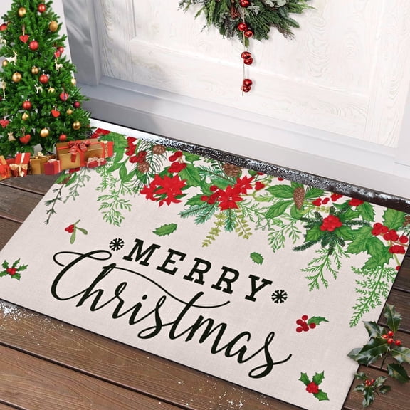 BLEUM CADE Merry Christmas Welcome Door Mat,Christmas Doormat for Outdoor Indoor,Non-Slip Rubber Backing Doormat,Low-Pile Mat,18 x 30 in,Beige