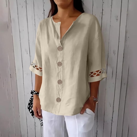 Vekome Womens Pullover Tops 3/4 Sleeve Plus Size Shirts Collared Casual Tee Shirts Linen Button Solid Color Summer Clothes