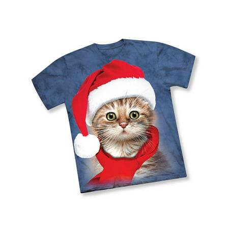 Kitten In Santa Hat Tee Shirt - Fun Cat Lover's Christmas Clothing, Large, Blue