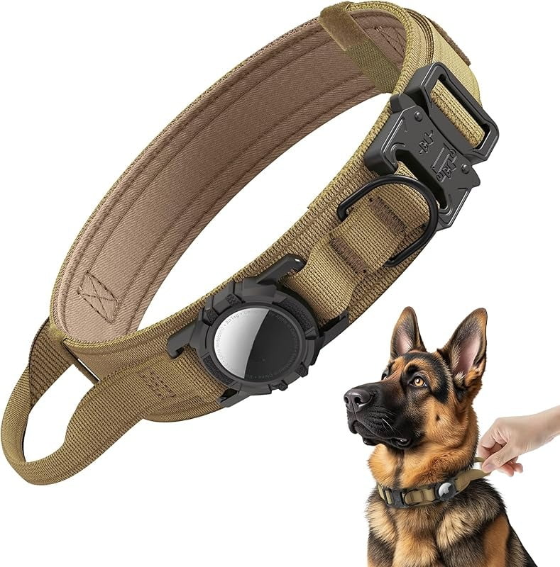 WAAYEE Tactical AirTag Dog Collar - Heavy Duty, Adjustable Collar Compatible with AirTag, with Control Handle for Medium/Large Dogs(Airtag Not Included)