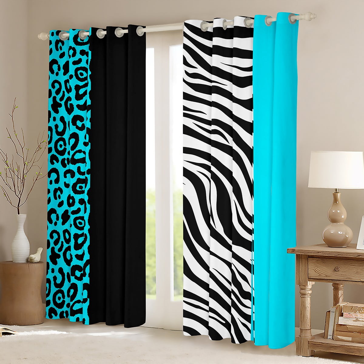 Manfei Wild Cheetah Pattern Blackout Curtains Set of 2 (52x84 Each),Zebra Lines Window Curtains,Bblue Black Leopard Print Curtains and Drapes For Child,Super Cozy Room Decor