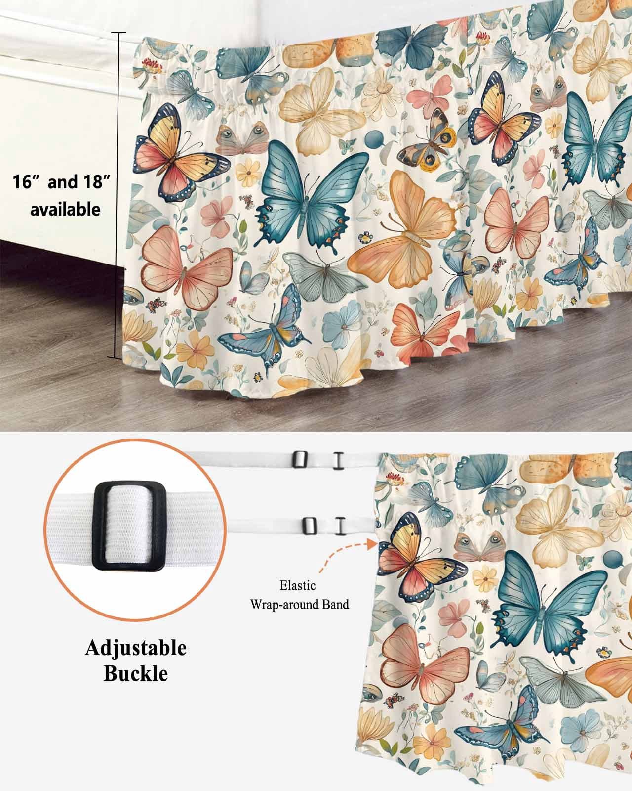 Butterfly Wrap Around Bed Skirts for Queen Bed 16" Drop,Bed Skirt with Adjustable Elastic Belt Dust Ruffle Bed Valance for Bedroom Hotel Retro Spring Leaves Country Aesthetic Flower Bed Frame Cover