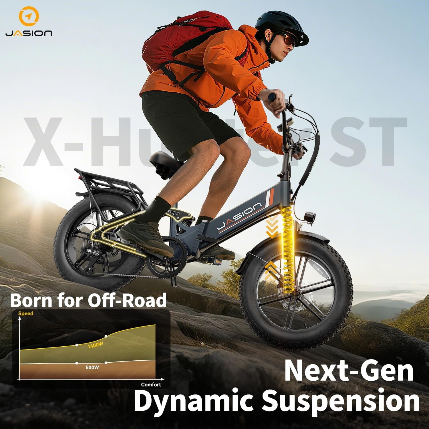 Jasion X-Hunter ST Electric Bike, 750W Foldable Ebike with 48V 13AH Removable Battery, 20'' Fat Tire Electric Bicycles for Adults, Full Suspension, UL 2849