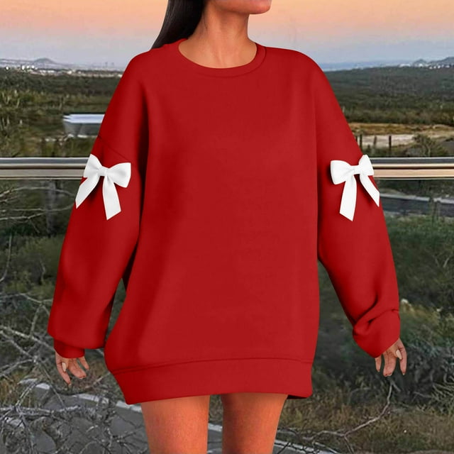Timegard Chandails en Molleton Grande Taille pour Femmes Col Rond Manches Longues Chandail Mignon Ample Nœud Papillon Hauts Surdimensionnés