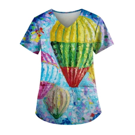 

Apepal Women Printing Short Sleeve V-neck Scrub Tops Working Pocket Blouse
