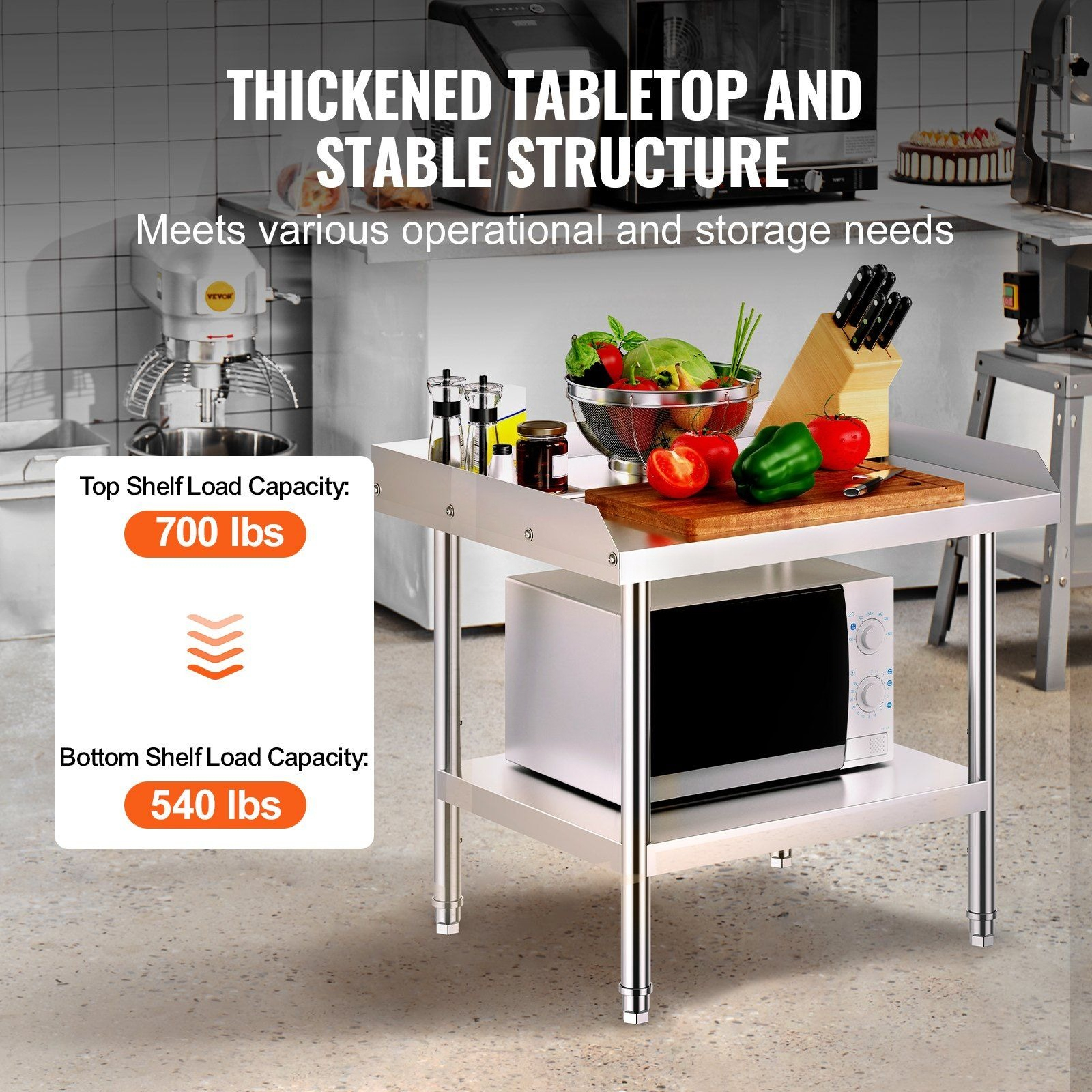 CAFORKP 24x28" Food Prep Worktable - Stainless Steel 3-Sided Backsplash Adjustable