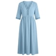 thumbnail image 4 of Ohufall Cotton Linen Dress for Women Hollow Out Pleated Dresses V Neck Half Sleeve Vacation Beach Maxi Dress, 4 of 8