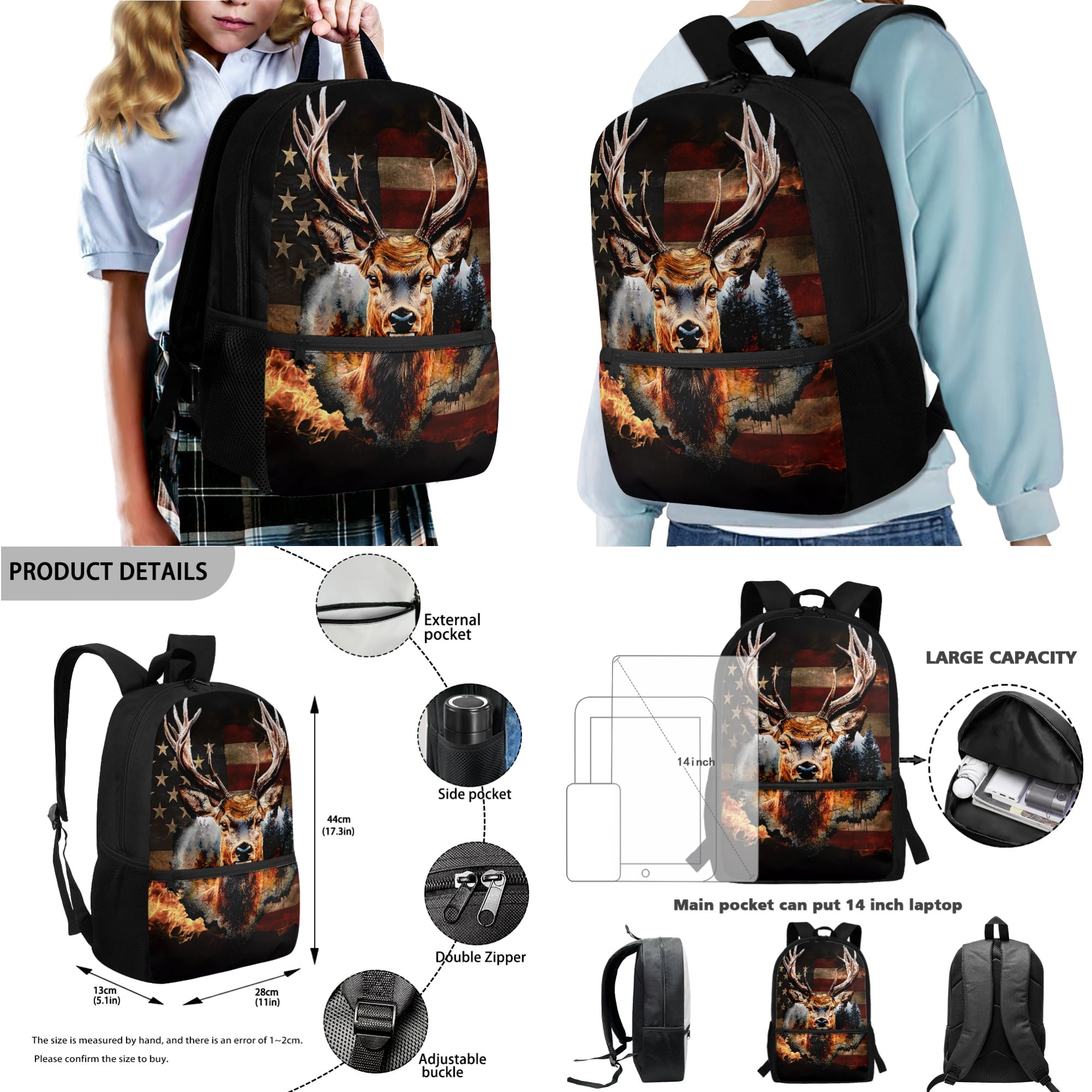 Xixirimido 4th of July American Flag Hunting Deer Pattern School Backpack for Kids 4Pcs Set 17" Durable Bookbag, Thermal Lunch Bag, Pencil Pouch, Water Bottle Carrier for Boys Students