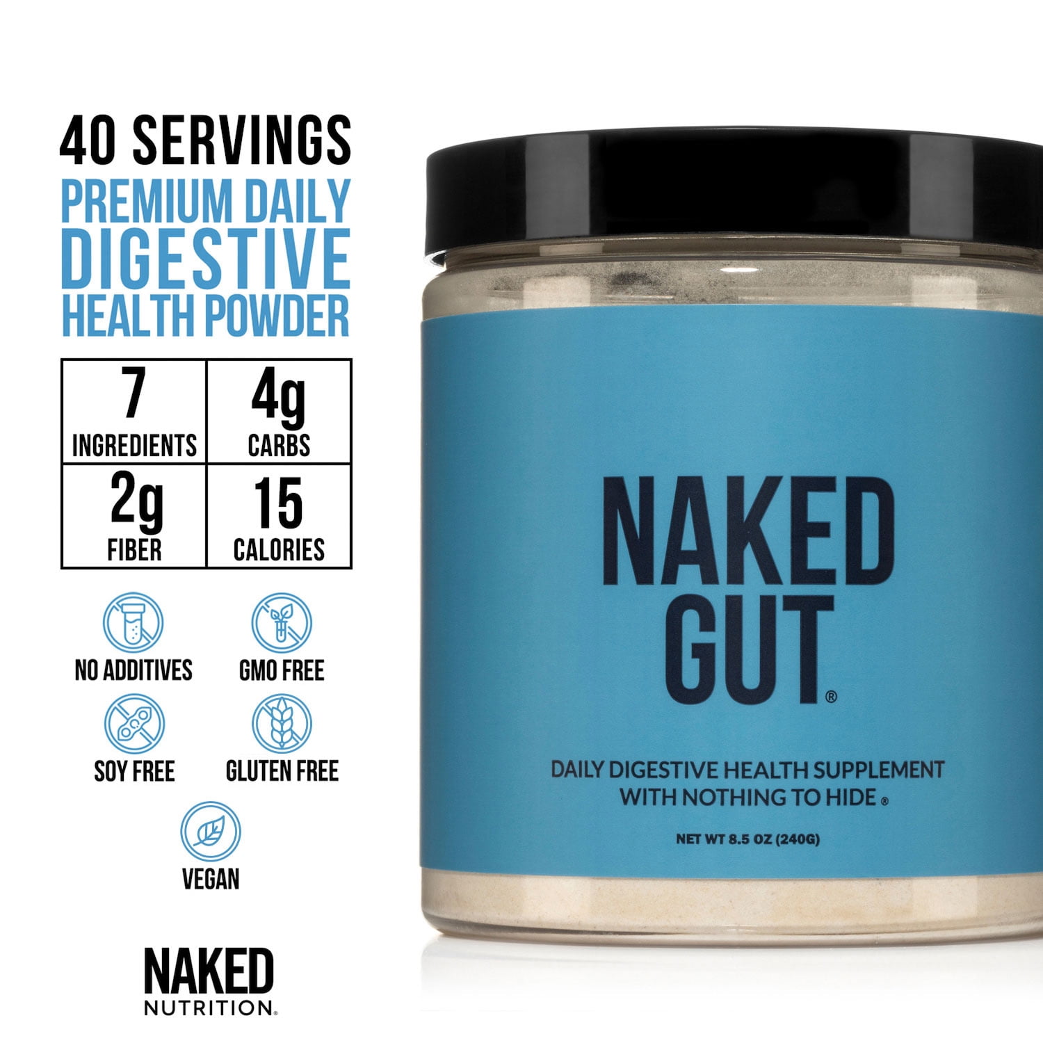 Naked Gut - Daily Gut Health Supplement - Natural Gut Health Powder For Gut Cleanse, Digestive Support, Gmo-Free, Soy-Free, Certified Gluten-Free, Vegan And Hypoallergenic, 40 Servings