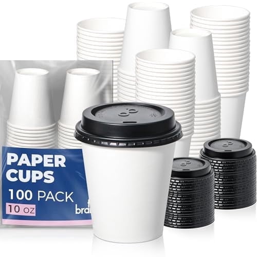 Fit Meal Prep 100 Pack 10 oz Disposable Coffee Cups with Lids, Premium Paper To Go Cups for Hot/Cold Beverages, Leak Proof Travel Cups for Cold/Hot Beverage, Office (Black Lids)