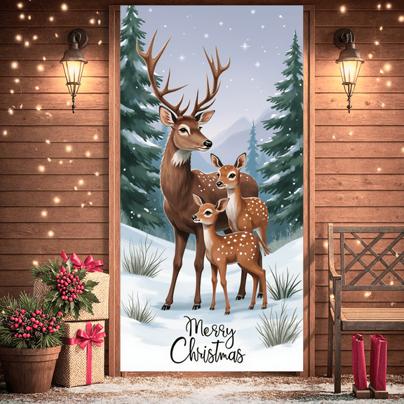 Decorative Design Christmas Banner Snowy Theme Deer Family Polyester Material Lightweight for Holiday Party Indoor Decoration Event