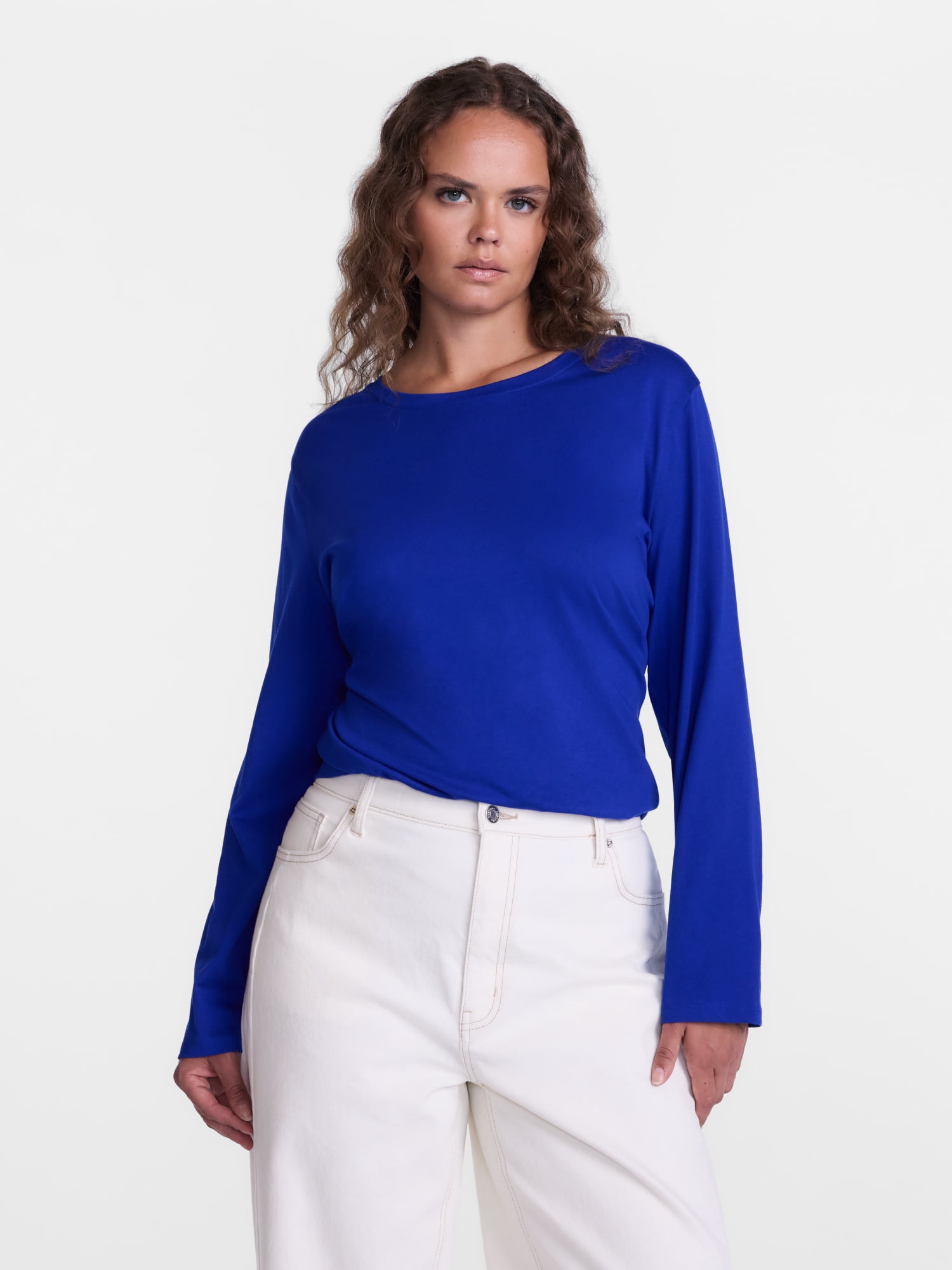 Scenario Women's Cotton Crewneck Tee with Long Sleeves, Sizes XS-XXXL