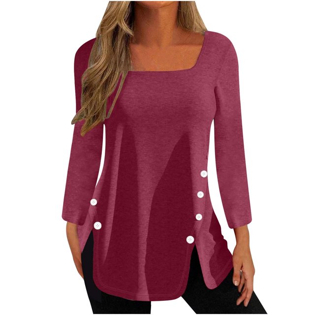 Timegard Womens Tops Square Neck Button Long Sleeve Solid Color Blouses Casual Comfy Loose Tee Tops