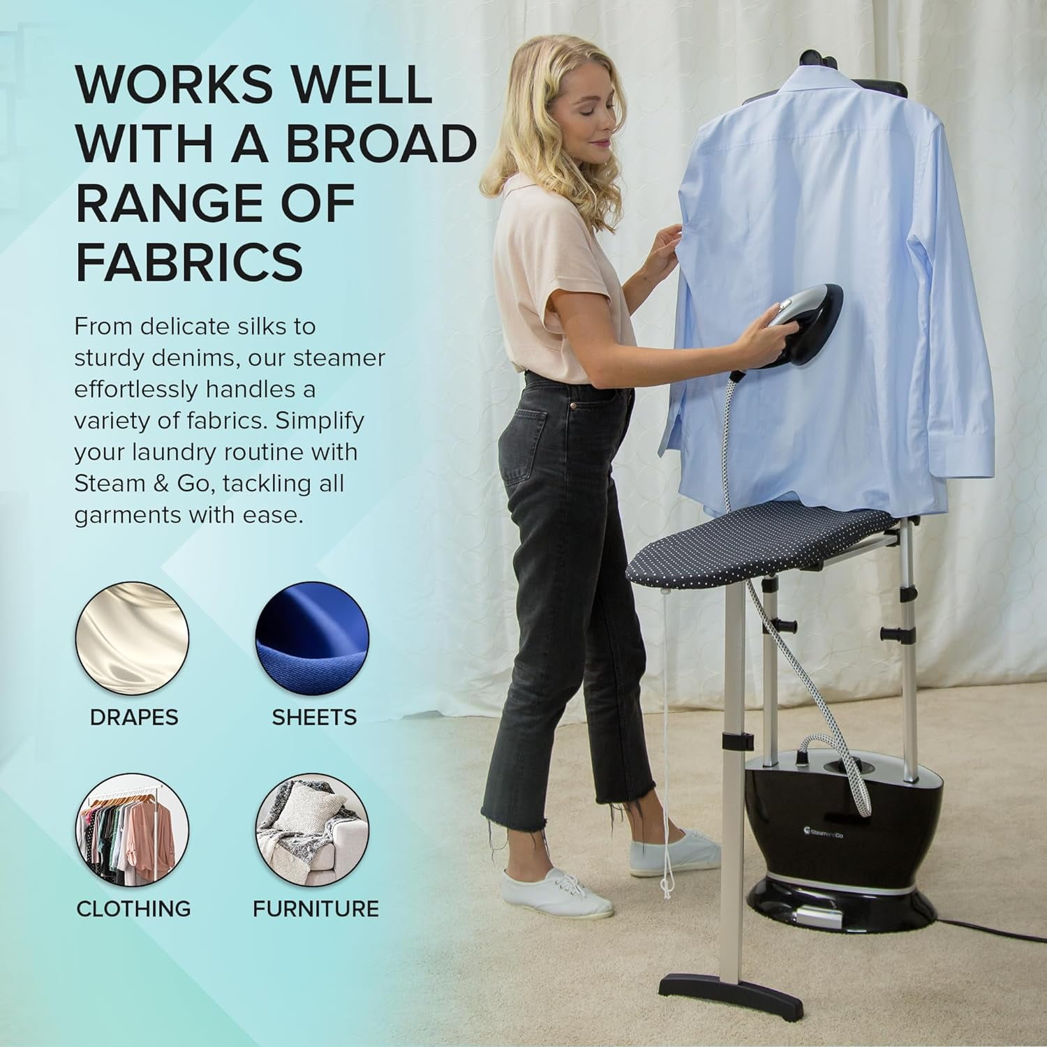 STEAM AND GO All-in-One Handheld Steam Iron for Clothes with Board and Hanger, Black