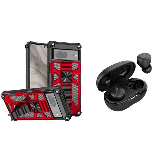 BEMZ Heavy Duty Armor Rugged Magnetic Mount Stand Case (Red) with Noise-Cancelling Wireless Earbuds with Charging Case for Google Pixel 7a