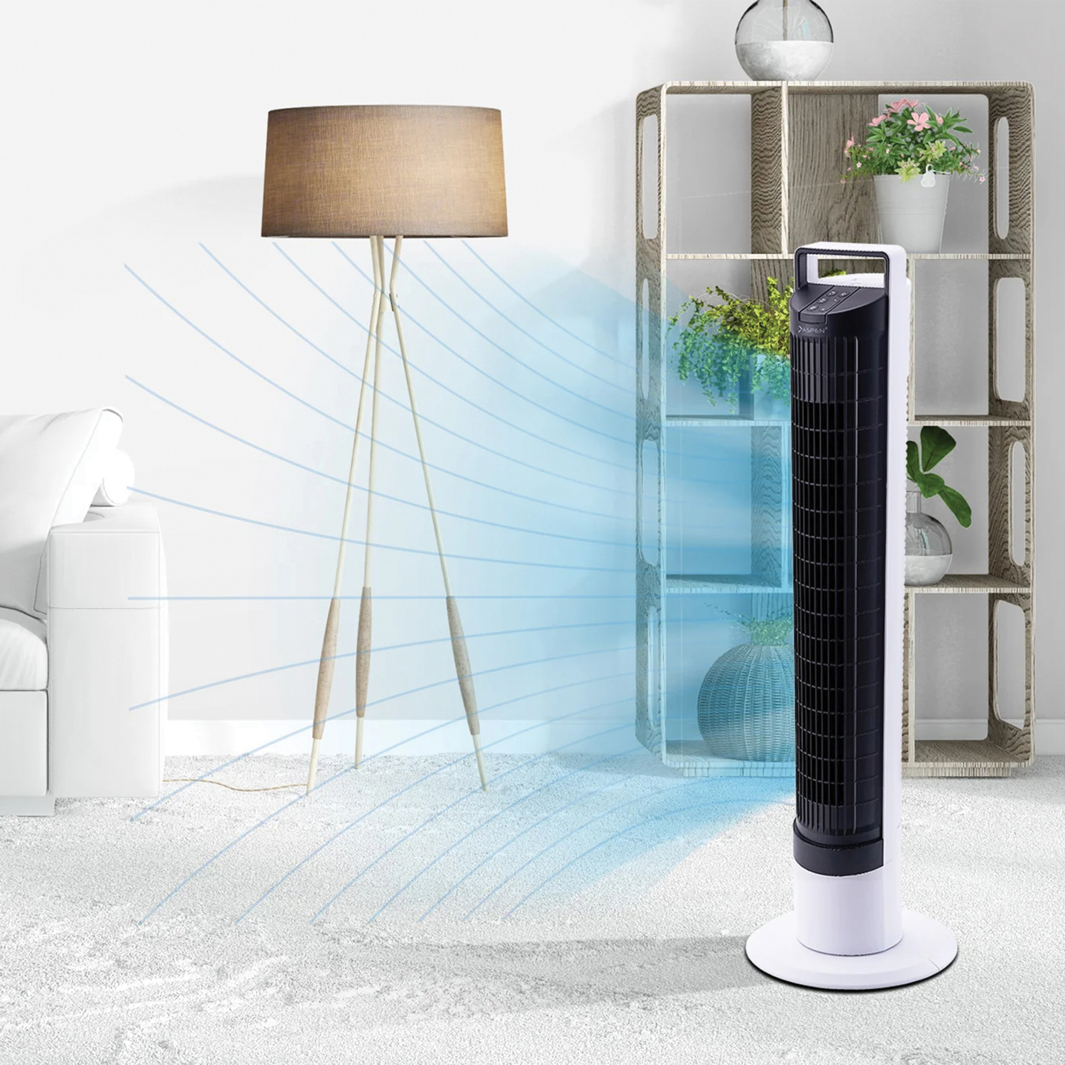 Aspen 40-In. 4-Speed Oscillating, Washable Smart Tower Fan with Remote, ASTF-A40-BLK, White and Black, ASTF-A40-BLK