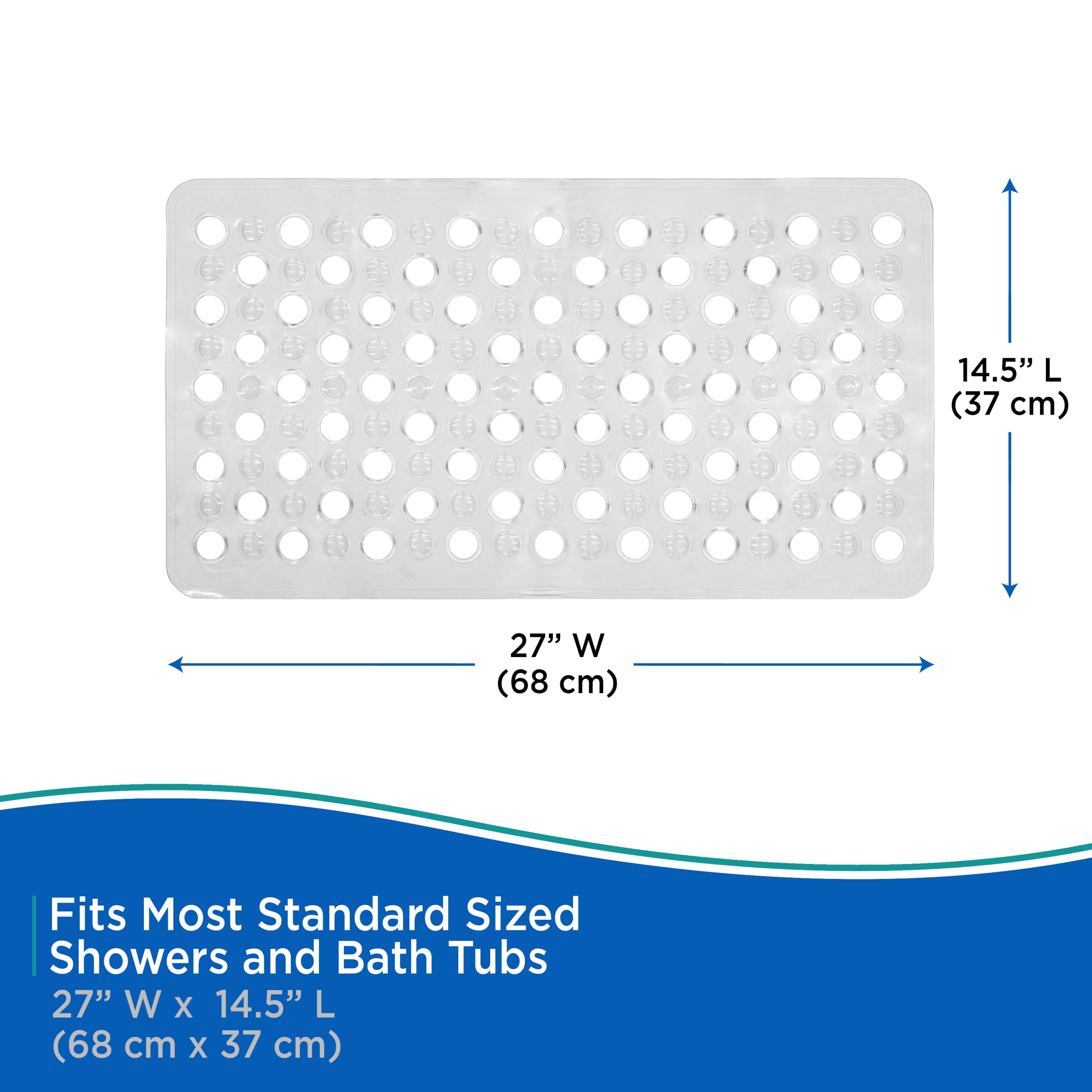 Kenney Vinyl Bath Mat with Suction Cups and Large Drain Holes, 27" x 14.5", Grey