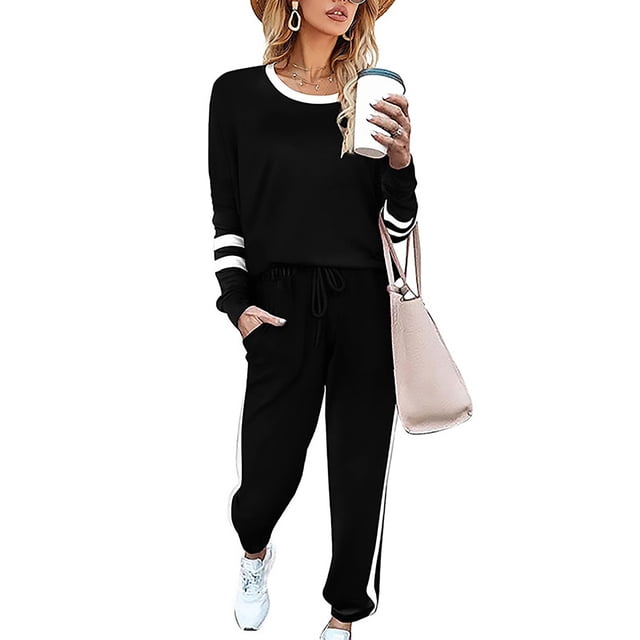 Innerwin Jogger Set Long Sleeve Ladies Sweatsuits Jogging Pullover Loungewear Two Piece Outfit Black XXL
