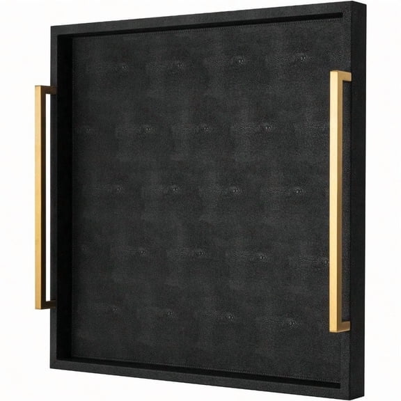 Extra Black Large Serving Tray with Handles for OttomanVersatile Shagreen Leather Square Ottoman Tray for Living Room