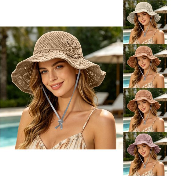 VOUZZA Sun Hat Womens Summer Knit Solid Color Flower Soft Foldable Wide Brim Beach Bucket Cap